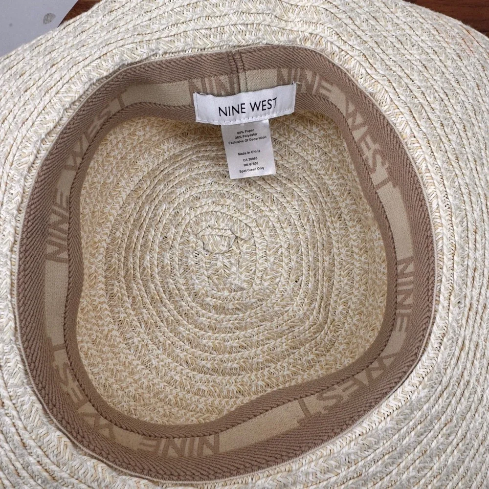 Nine West Womens Straw Sun Hat Cream Wide Brim Floppy Bow Accent RN 67508